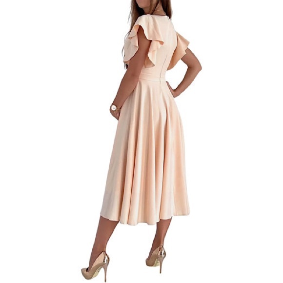 NWT Wrap V Neck Ruffle Short Sleeve A Line Swing Flared Cocktail Party Midi - Picture 3 of 6